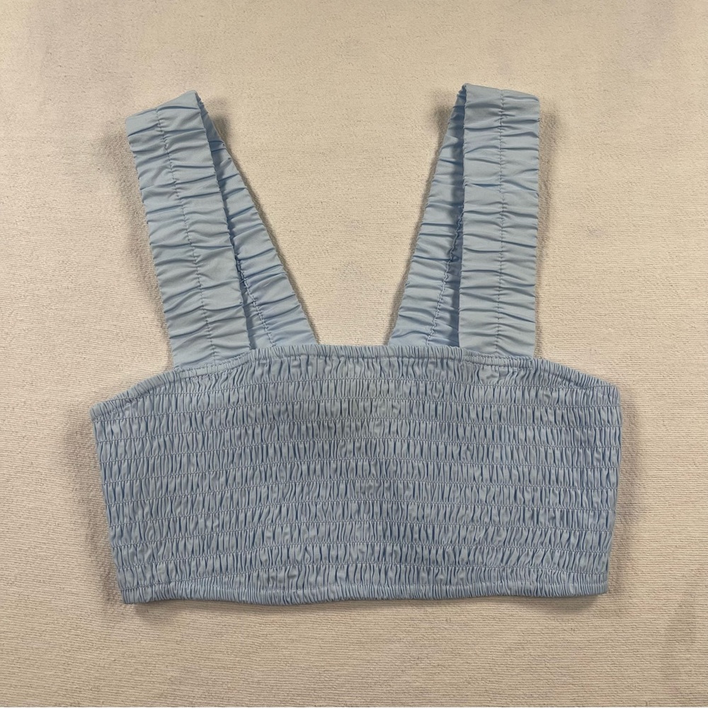 Light Blue Shirred Crop Top with Wide Straps ruched bandeau summer festival
